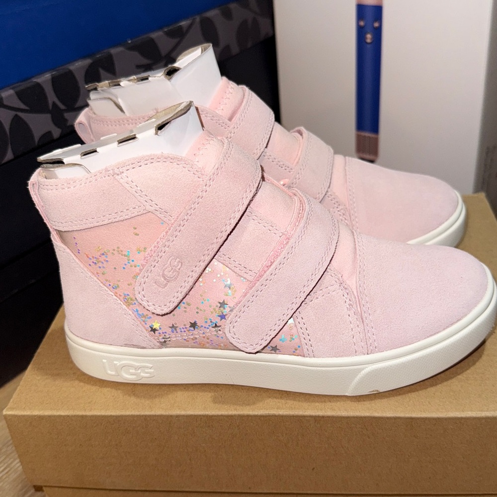 UGG Rennon II clear glitter pink suede high top sneakers girls size 13 BNIB